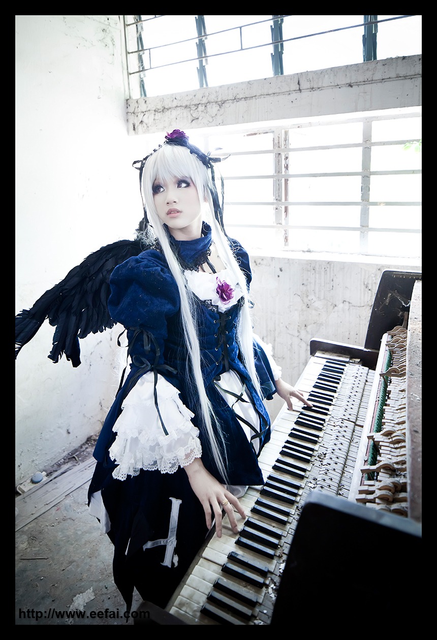 1girl black_border black_wings blue_eyes dress feathers flower frills instrument letterboxed long_hair long_sleeves looking_at_viewer piano pillarboxed solo suigintou window wings
