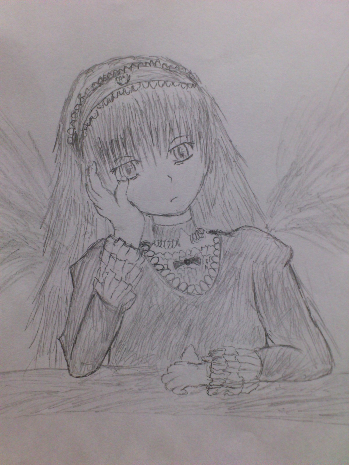 1girl closed_mouth dress frills frown hairband image lolita_hairband long_hair long_sleeves looking_at_viewer monochrome simple_background solo suigintou traditional_media upper_body wings