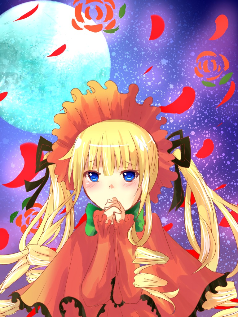 1girl auto_tagged blonde_hair blue_eyes blush bonnet bow dress drill_hair flower full_moon image long_hair long_sleeves looking_at_viewer moon night night_sky petals red_capelet ringlets rose rose_petals shinku sky solo star_(sky) starry_sky twin_drills twintails