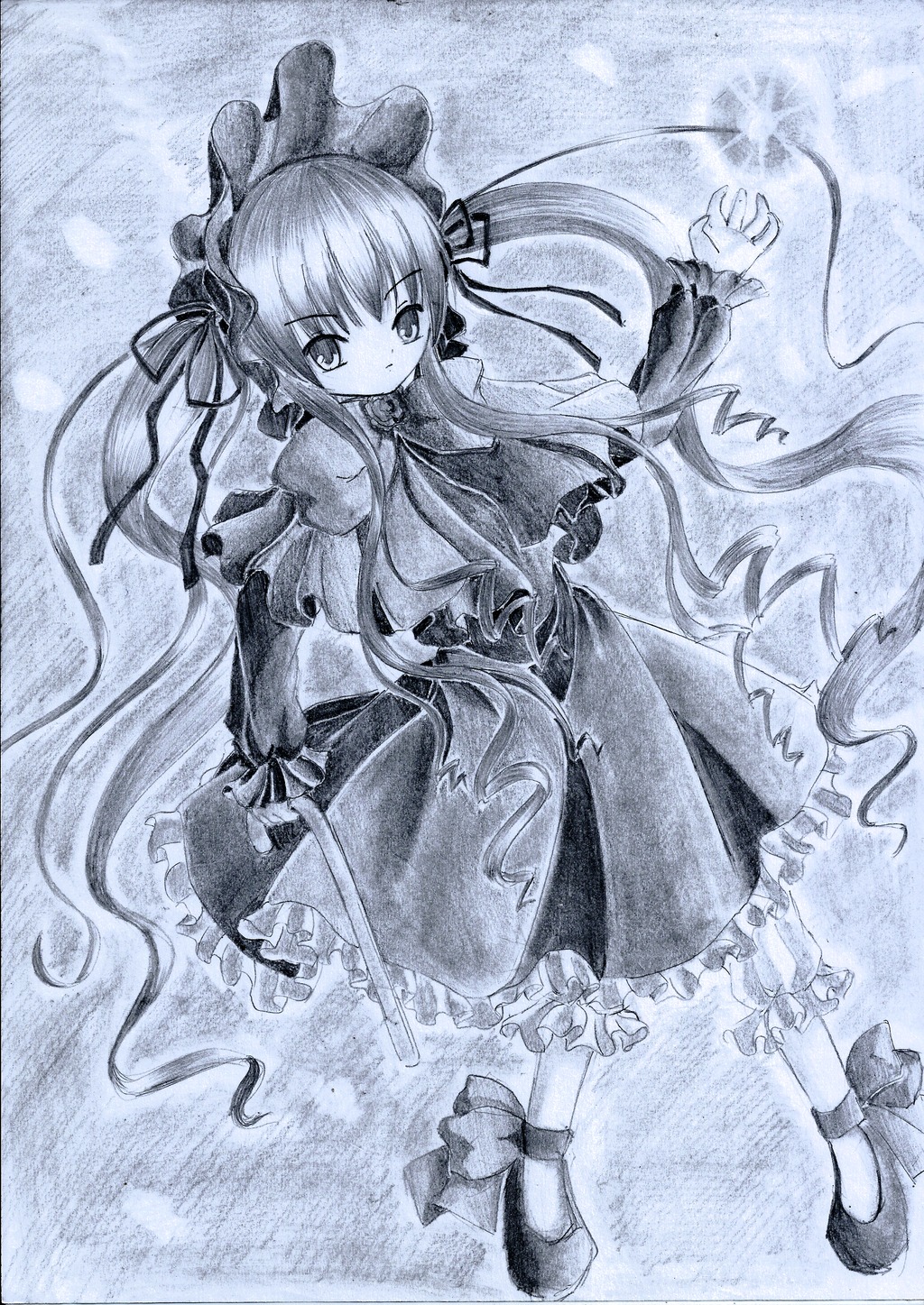 1girl dress hair_ribbon image long_hair long_sleeves looking_at_viewer millipen_(medium) monochrome ribbon shinku solo traditional_media very_long_hair