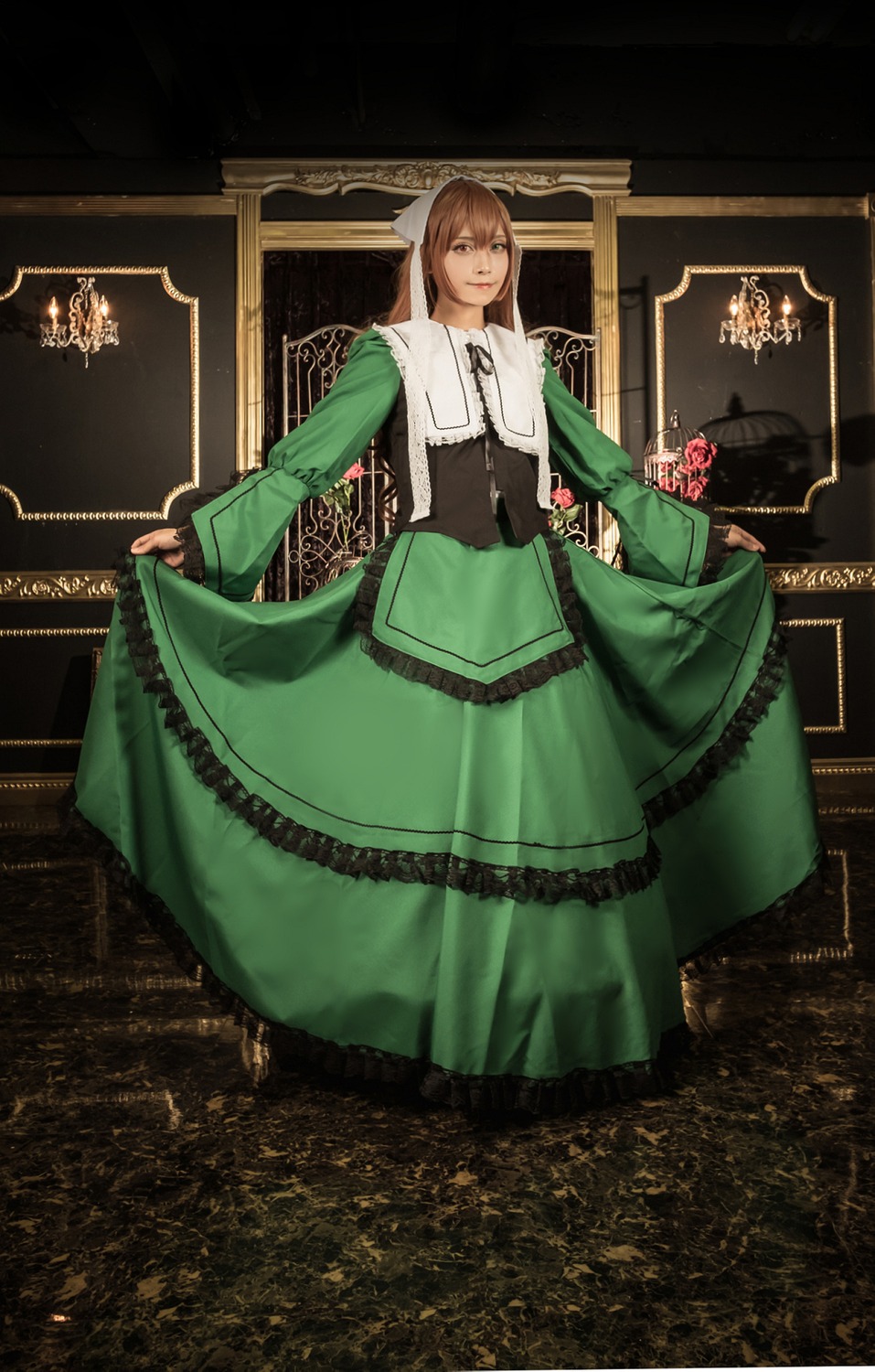 1boy brown_hair dress flower green_dress long_sleeves looking_at_viewer rose skirt_hold solo standing suiseiseki