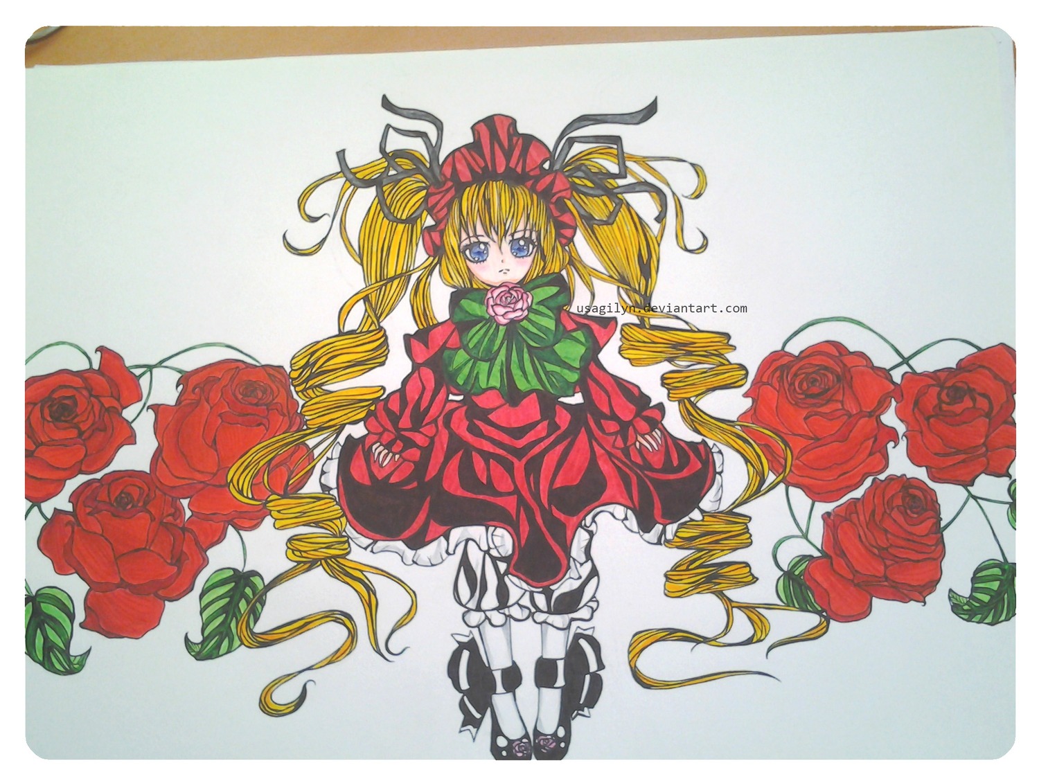 1girl auto_tagged blonde_hair blue_eyes bow bowtie dress drill_hair flower frills full_body green_bow image long_hair long_sleeves looking_at_viewer pink_flower pink_rose red_flower red_rose ribbon rose shinku shoes solo twintails very_long_hair