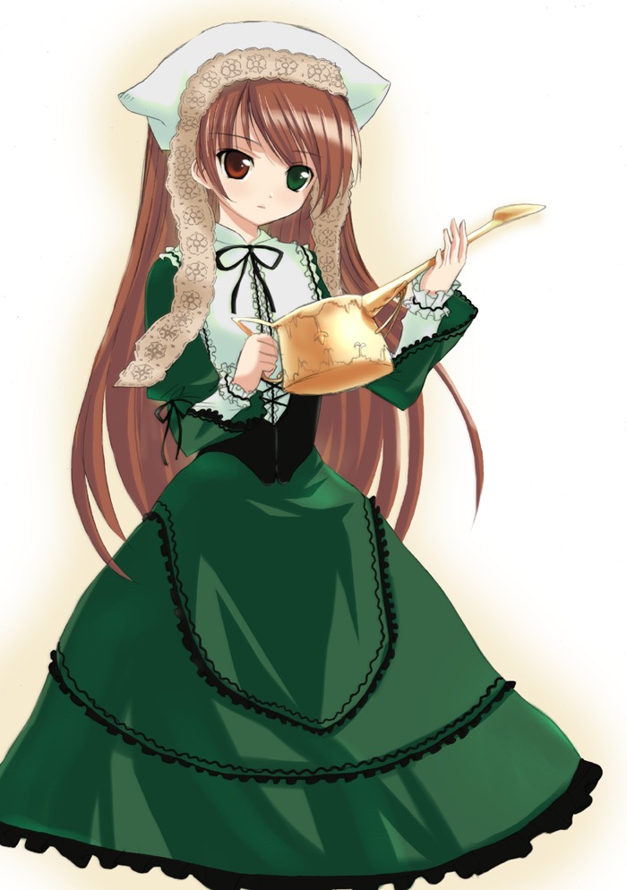 1girl brown_hair dress frills green_dress green_eyes head_scarf heterochromia holding image long_hair long_sleeves looking_at_viewer red_eyes simple_background solo suiseiseki twintails very_long_hair watering_can