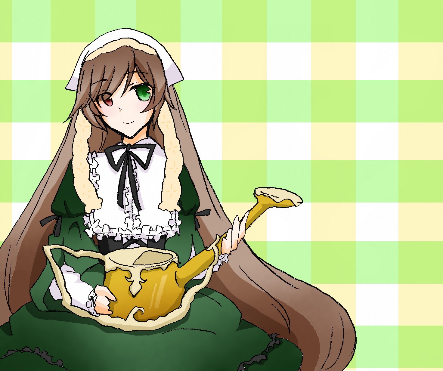 1girl argyle_background brown_hair checkered checkered_background checkered_floor dress frills green_dress green_eyes head_scarf heterochromia holding image long_hair long_sleeves looking_at_viewer red_eyes smile solo suiseiseki very_long_hair watering_can