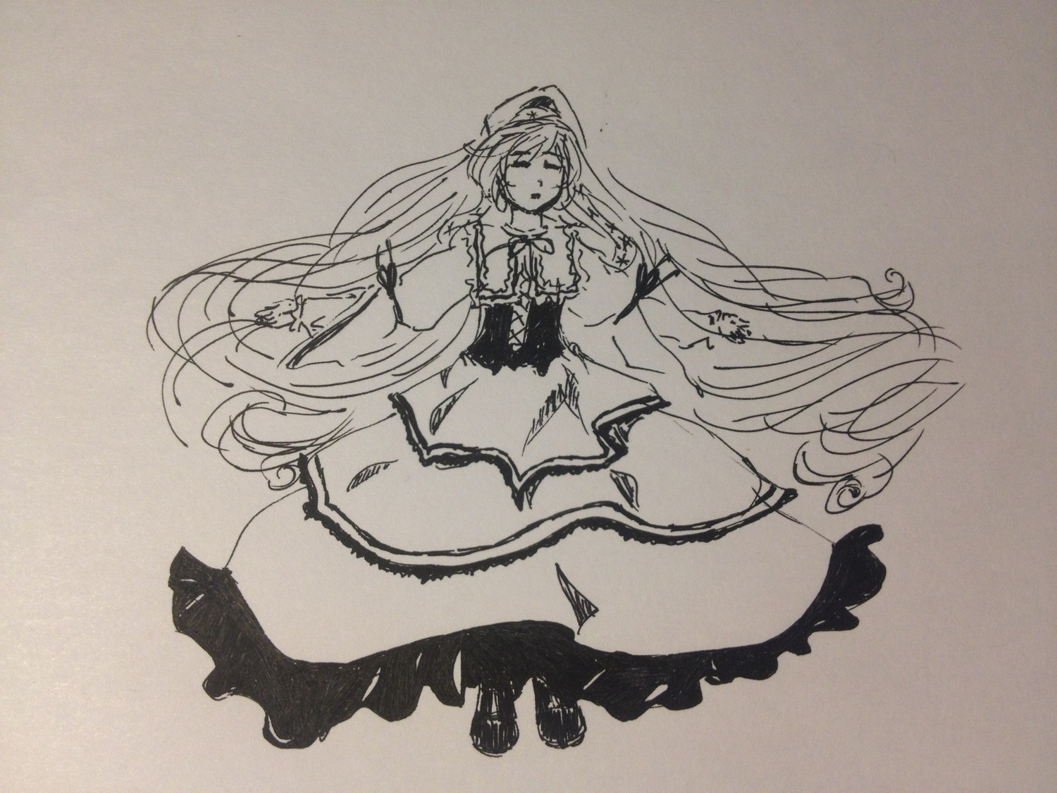 1girl closed_eyes dress frills full_body greyscale image long_hair long_sleeves monochrome solo suiseiseki traditional_media very_long_hair