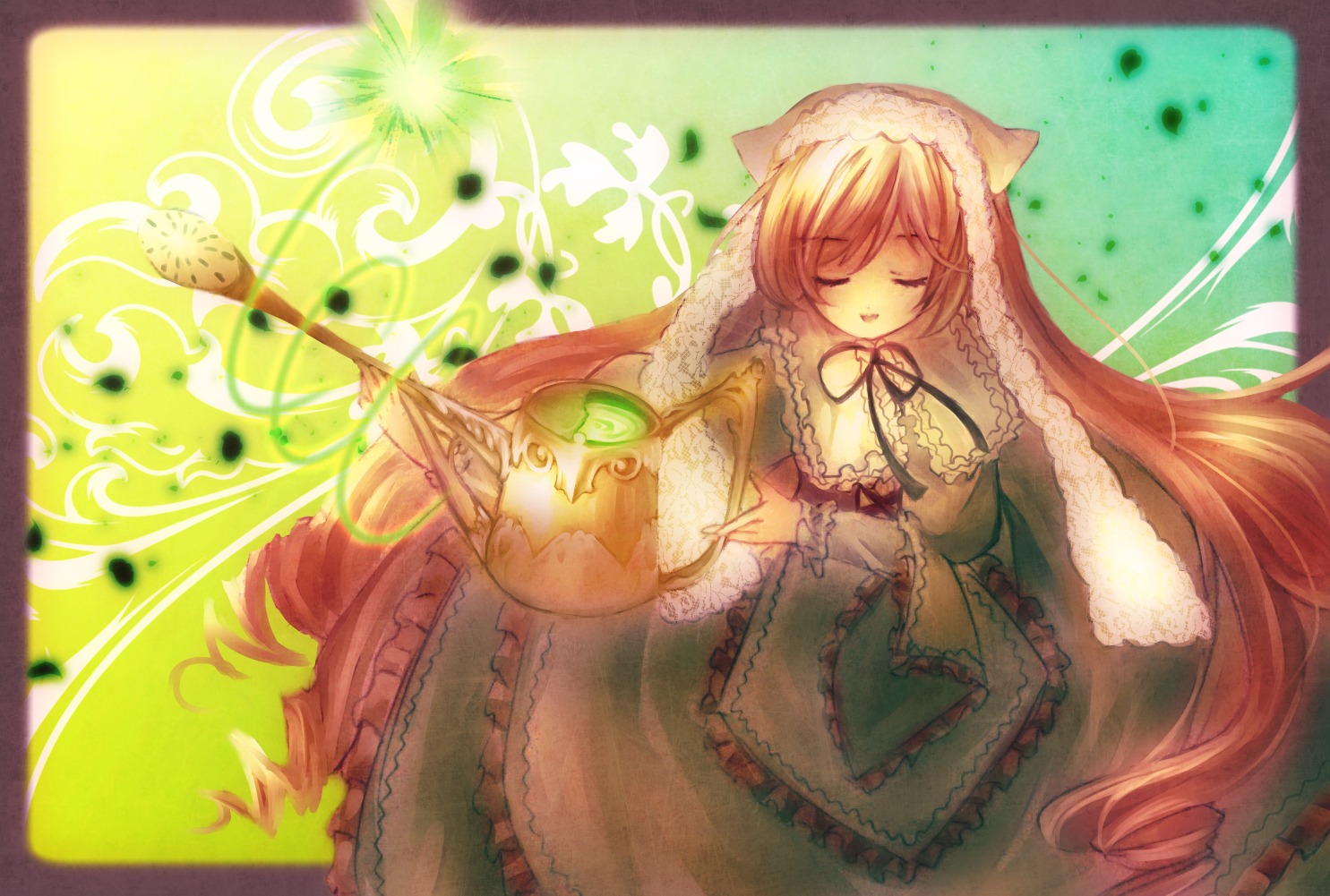 1girl animal_ears closed_eyes dress frills green_dress image long_hair solo suiseiseki very_long_hair