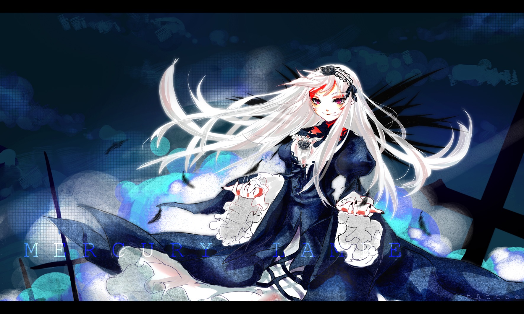 1girl cross dress gothic_lolita image letterboxed lolita_fashion long_hair multicolored_hair red_eyes smile solo suigintou very_long_hair white_hair