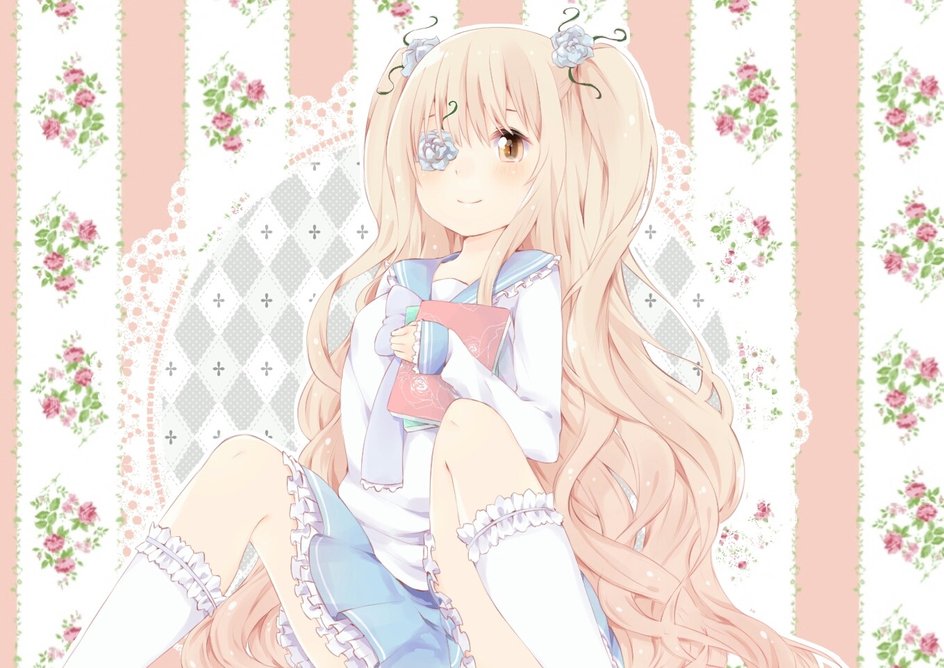 1girl blonde_hair checkered checkered_background checkered_floor eyepatch flower hair_flower hair_ornament image kirakishou kneehighs long_hair sitting smile solo striped vertical_stripes very_long_hair