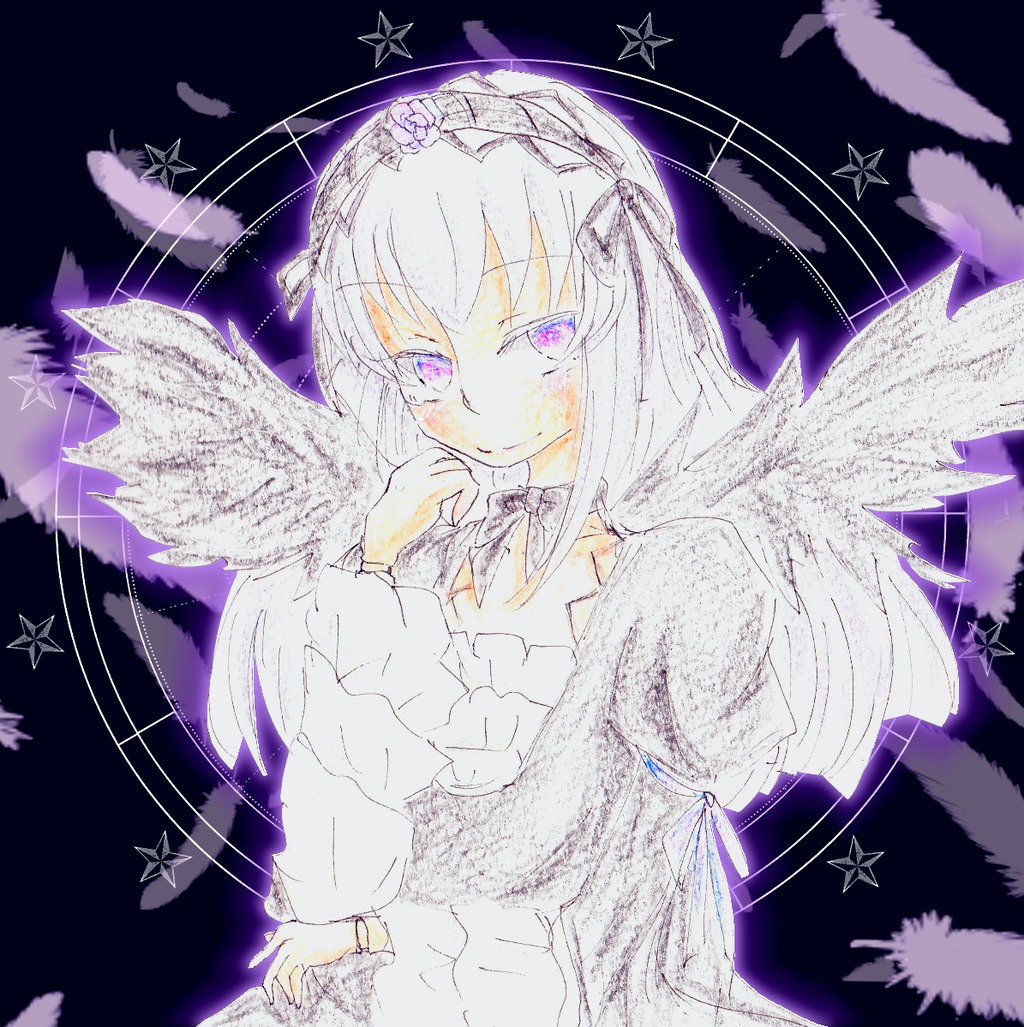 1girl angel_wings dress feathered_wings feathers flower image long_hair looking_at_viewer purple_eyes ribbon silver_hair smile solo star_(symbol) suigintou white_wings wings