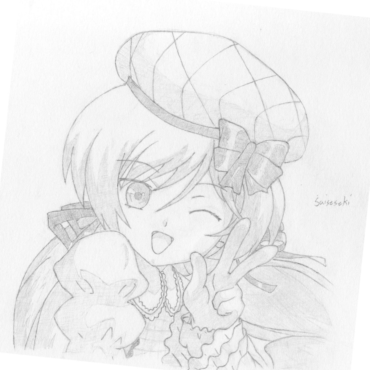 1girl blush bow double_v dress graphite_(medium) hat hat_bow image long_hair long_sleeves looking_at_viewer monochrome one_eye_closed open_mouth smile solo suiseiseki top_hat traditional_media v