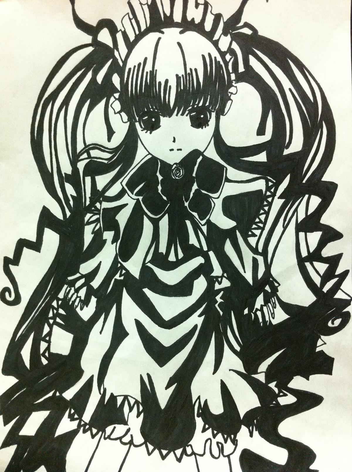 1girl blush bow dress frills image long_hair long_sleeves looking_at_viewer monochrome shinku solo standing twintails very_long_hair