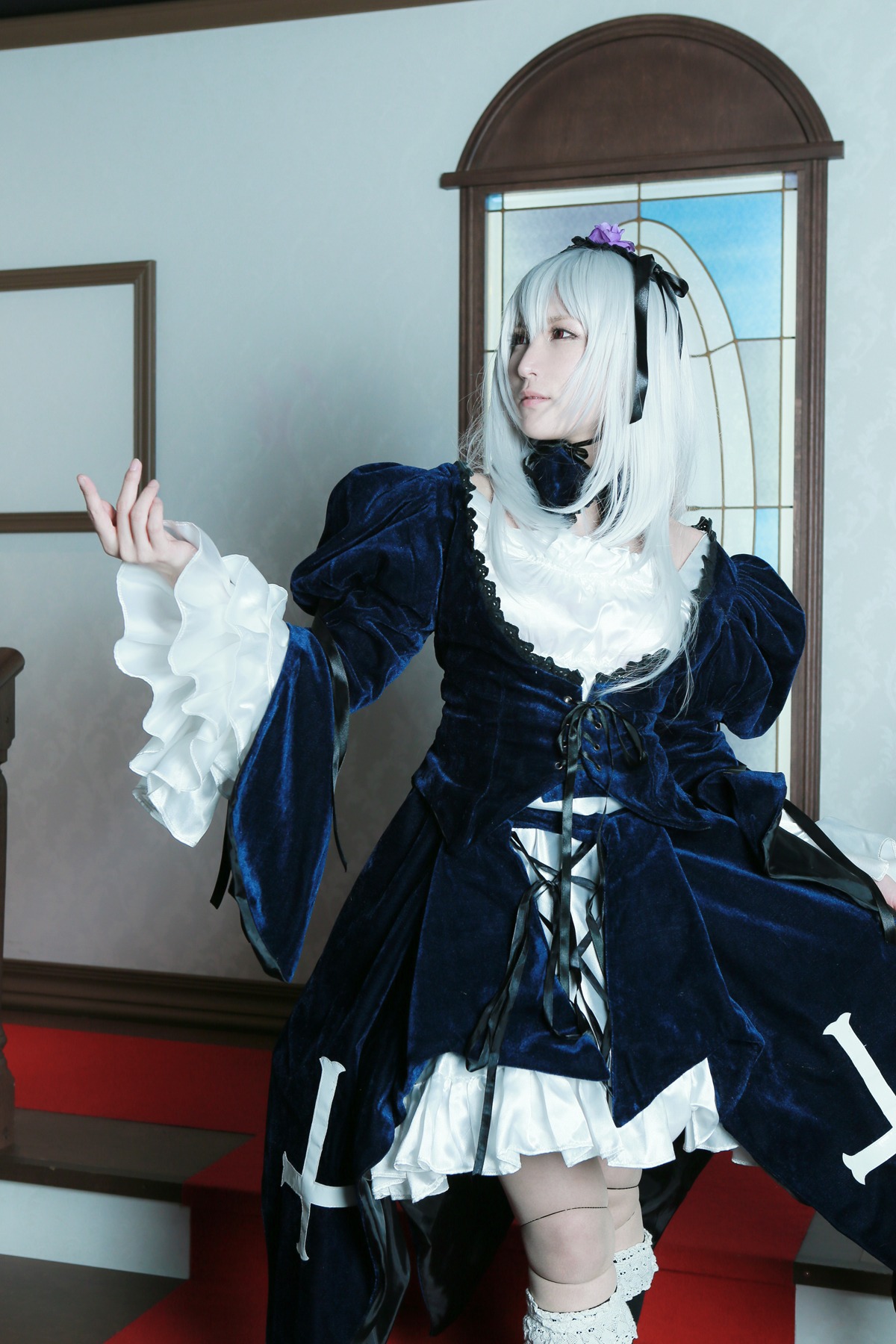 1girl dress frills gothic_lolita hairband lolita_fashion long_sleeves solo standing suigintou white_hair wide_sleeves