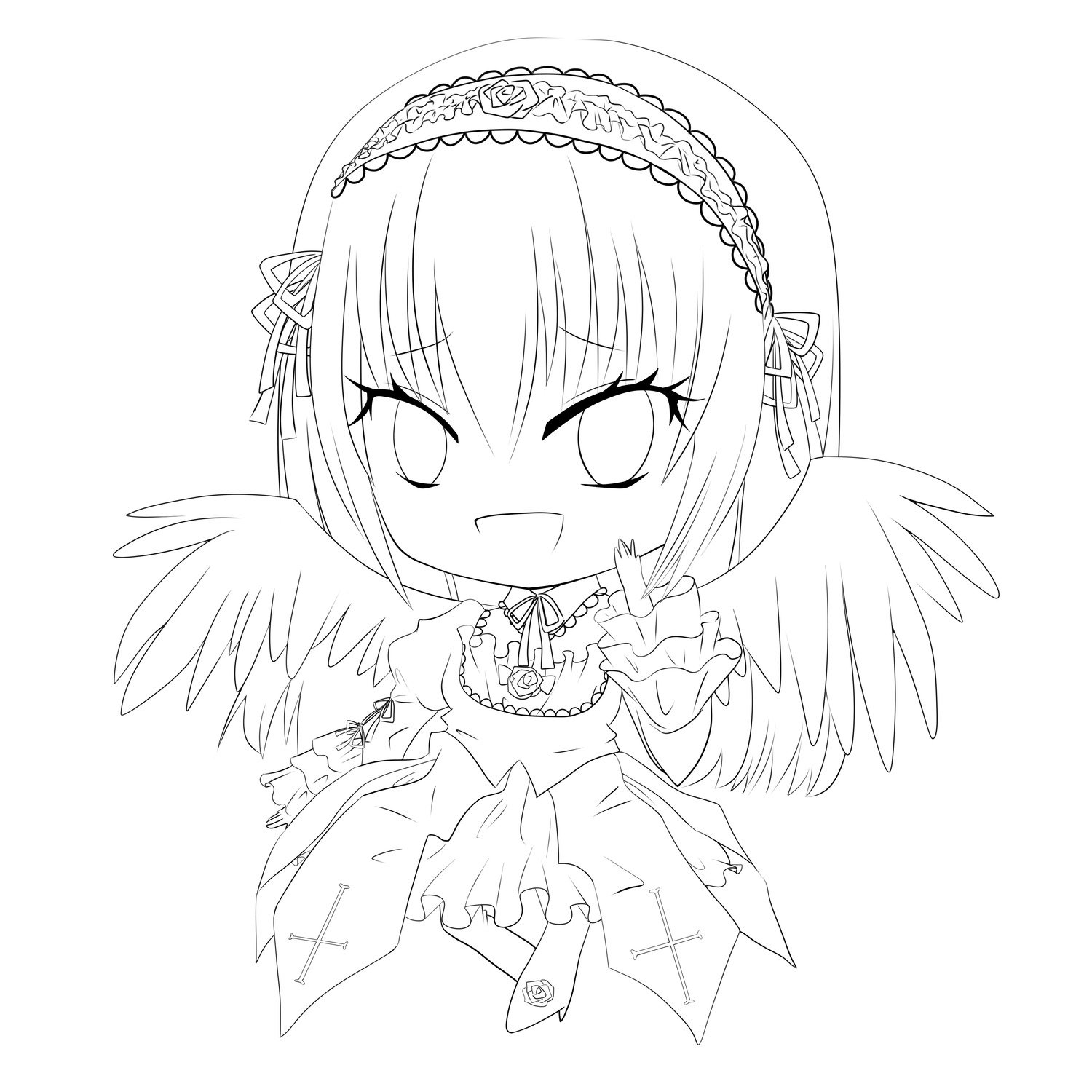 1girl blush chibi eyebrows_visible_through_hair feathered_wings frills full_body greyscale hairband image long_sleeves looking_at_viewer monochrome ribbon simple_background skirt smile solo suigintou white_background wings