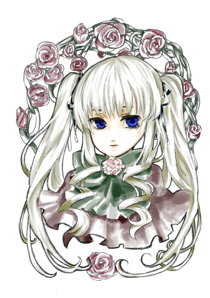 1girl blue_eyes capelet expressionless flower image long_hair looking_at_viewer pink_flower pink_rose ribbon rose shinku solo striped thorns twintails white_background white_rose