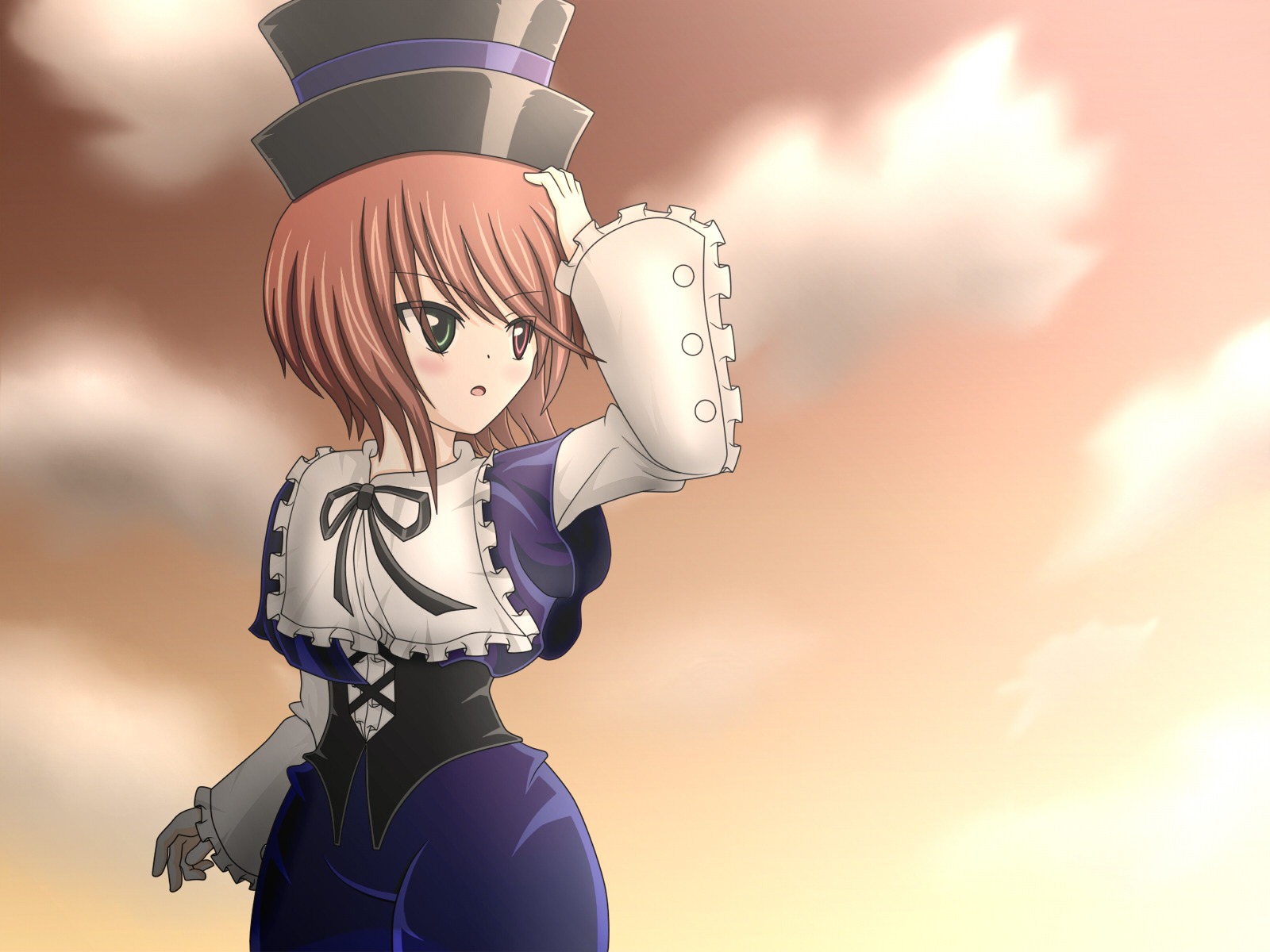 1girl :o auto_tagged blush brown_hair dress frills green_eyes hat heterochromia image long_sleeves looking_at_viewer looking_back open_mouth short_hair solo souseiseki top_hat