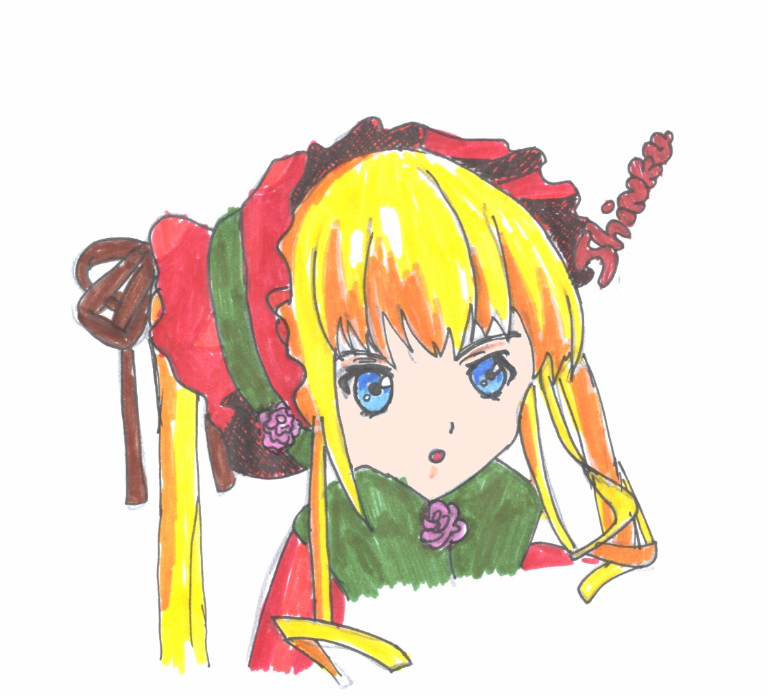 1girl bangs blonde_hair blue_eyes bonnet bow flower image long_hair looking_at_viewer portrait red_flower rose shinku simple_background solo striped striped_background vertical_stripes white_background