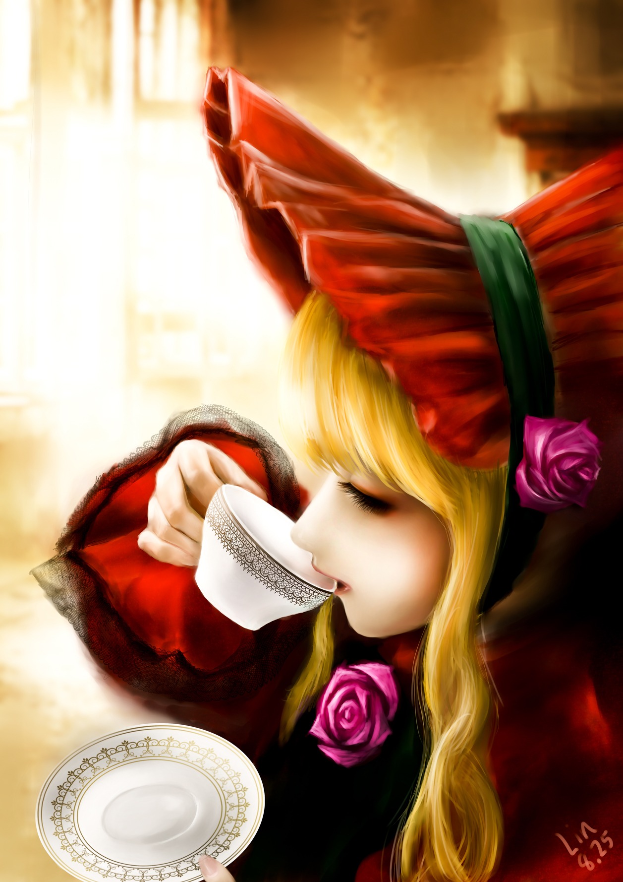 1girl artist_name blonde_hair bonnet close-up closed_eyes commentary_request cup dated dress drinking eyelashes flower highres holding holding_cup image indoors jinrouyifan lace lace-trimmed_dress lace_trim lips long_hair photoshop_(medium) pink_flower pink_rose profile purple_flower purple_rose red_dress red_flower red_rose rose rozen_maiden saucer shinku signature solo steam table tea teacup white_rose