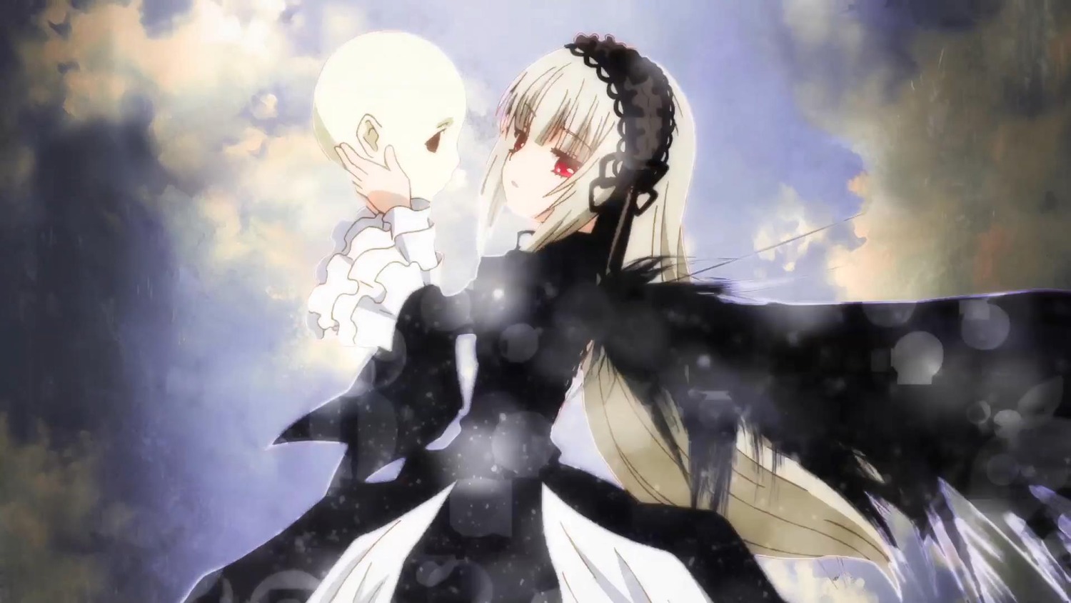 1girl bangs black_ribbon black_wings closed_mouth cloud cloudy_sky dress eyebrows_visible_through_hair frilled_sleeves frills hairband image long_hair long_sleeves outdoors red_eyes silver_hair sky solo suigintou very_long_hair wings