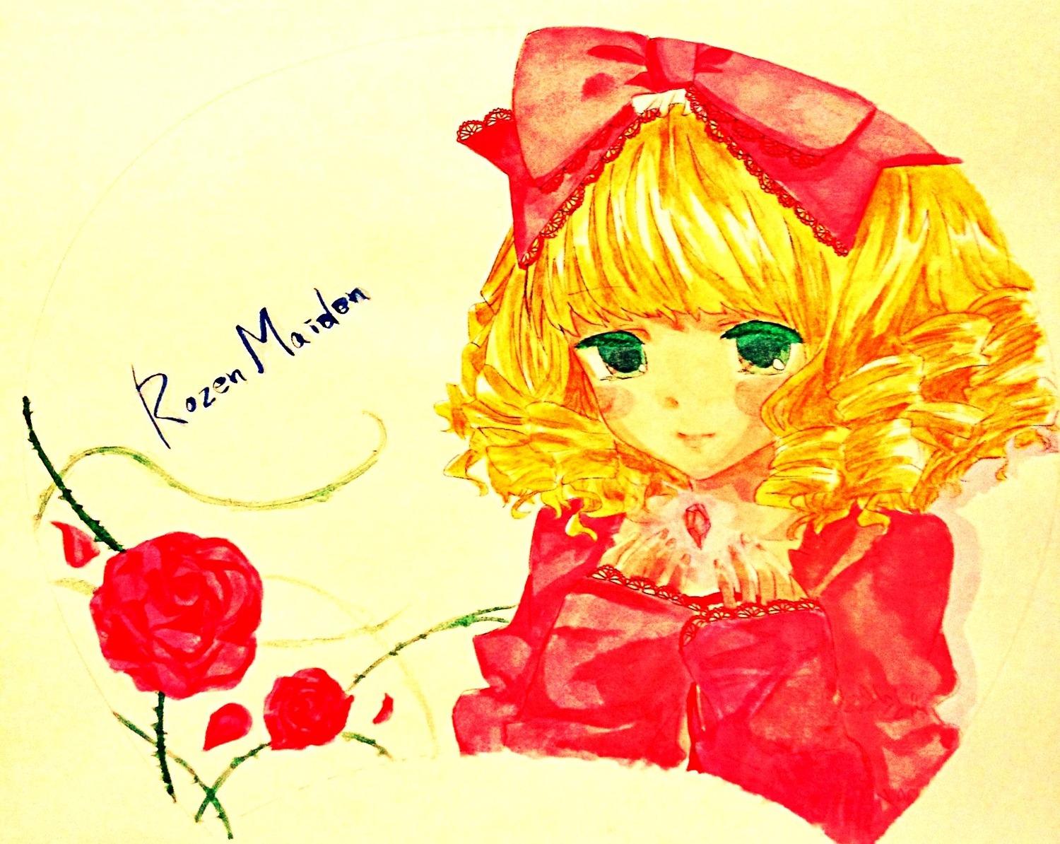 1girl blonde_hair bow flower green_eyes hina_ichigo hinaichigo image long_sleeves looking_at_viewer pink_bow red_flower red_rose rose short_hair smile solo thorns yellow_background