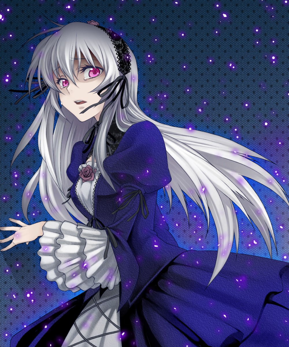 1girl auto_tagged bad_id bad_pixiv_id chimachi dress flower frilled_sleeves frills hairband highres image long_hair long_sleeves night night_sky pink_eyes purple_eyes ribbon rose rozen_maiden silver_hair sky solo space star_(sky) starry_sky suigintou tears wings