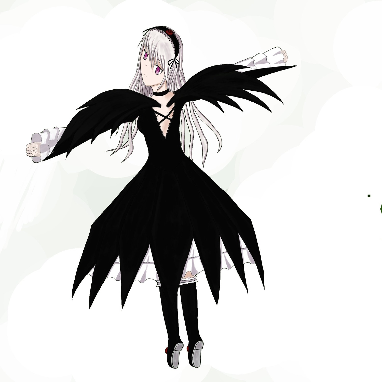 1girl black_dress black_wings boots dress frills full_body hairband image long_hair long_sleeves looking_at_viewer looking_back purple_eyes silver_hair solo standing suigintou wings