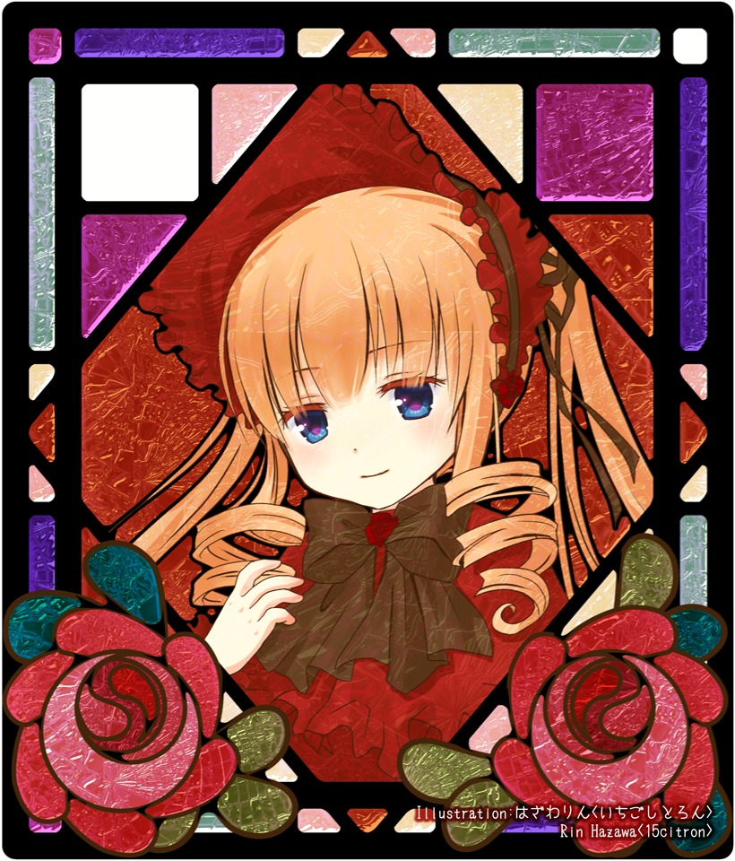 1girl blonde_hair blue_eyes bow dress drill_hair flower image long_hair looking_at_viewer petals pink_rose red_flower red_rose rose rose_petals shinku smile solo twin_drills