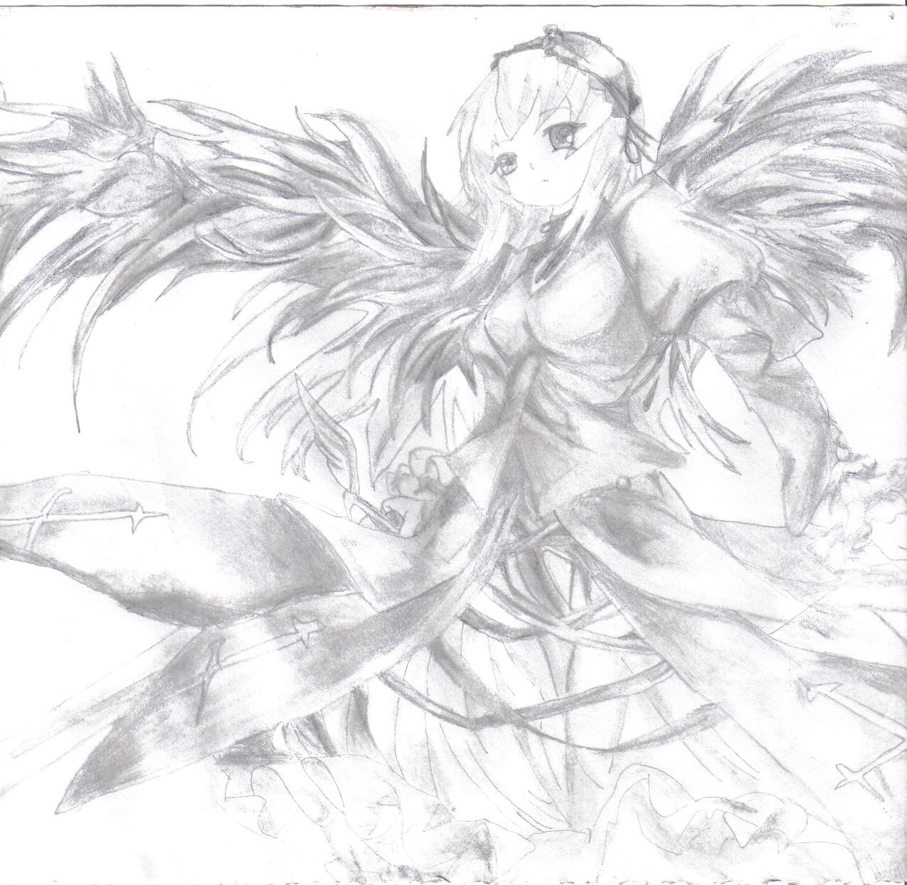 1girl closed_mouth dress feathered_wings flower frilled_sleeves frills greyscale hairband image lolita_hairband long_hair long_sleeves looking_at_viewer monochrome rose simple_background solo standing suigintou very_long_hair white_background wings