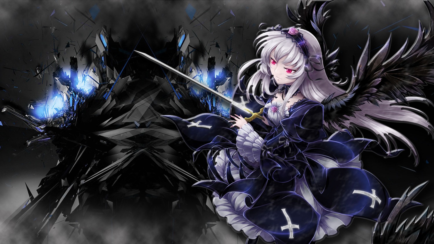 1girl black_wings dress flower frills hairband image long_hair red_eyes rose silver_hair solo suigintou weapon wings