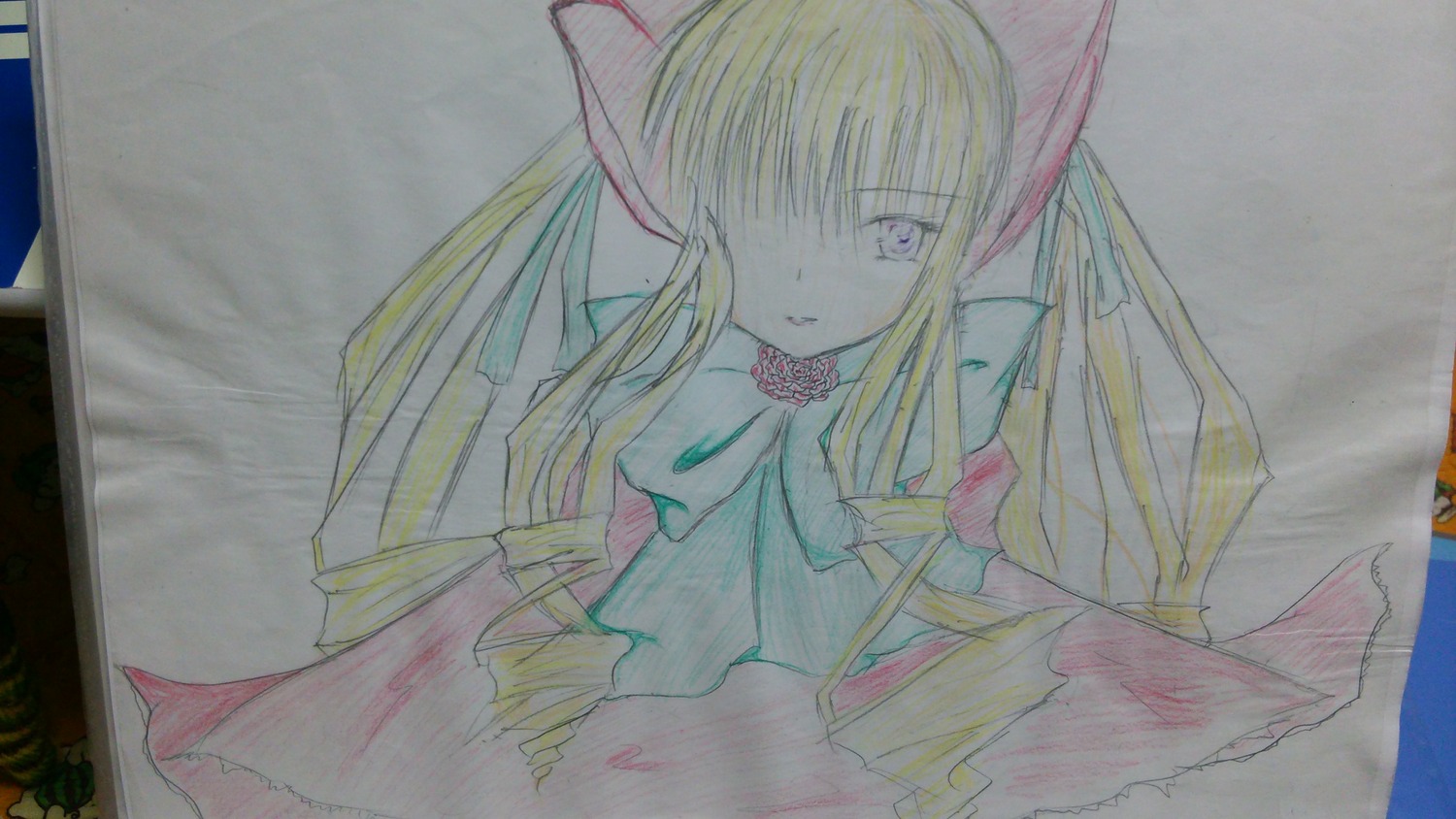 1girl blonde_hair bow hair_over_one_eye image long_hair looking_at_viewer photo shinku solo traditional_media upper_body