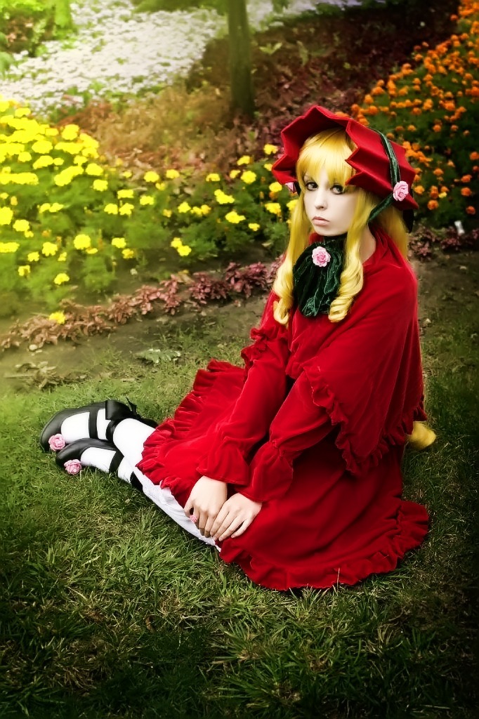 1girl auto_tagged blonde_hair bonnet bow capelet dress flower grass long_hair red_dress shinku sitting solo v_arms