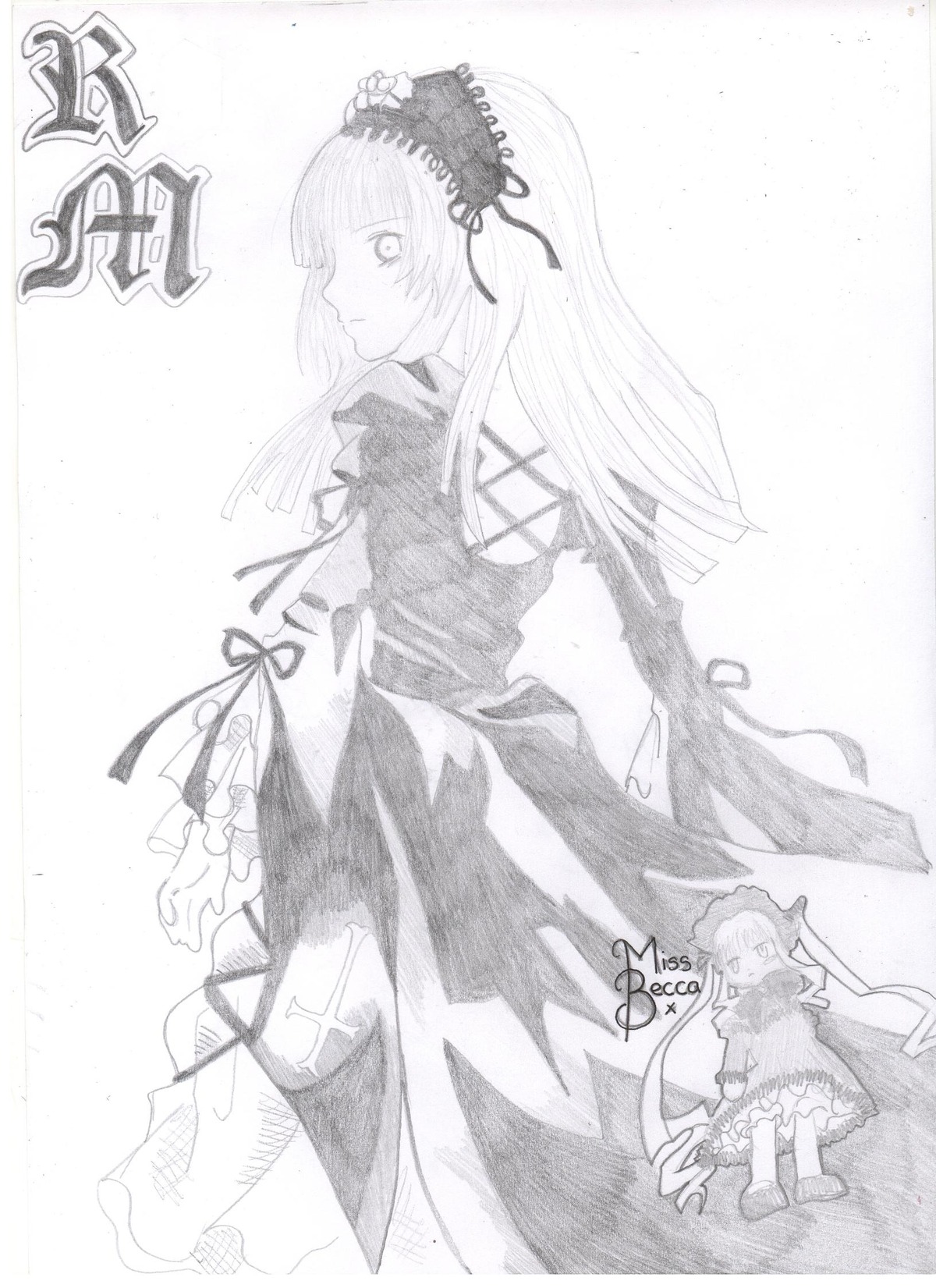 1girl dress frills greyscale hairband image long_hair long_sleeves monochrome ribbon solo suigintou wings