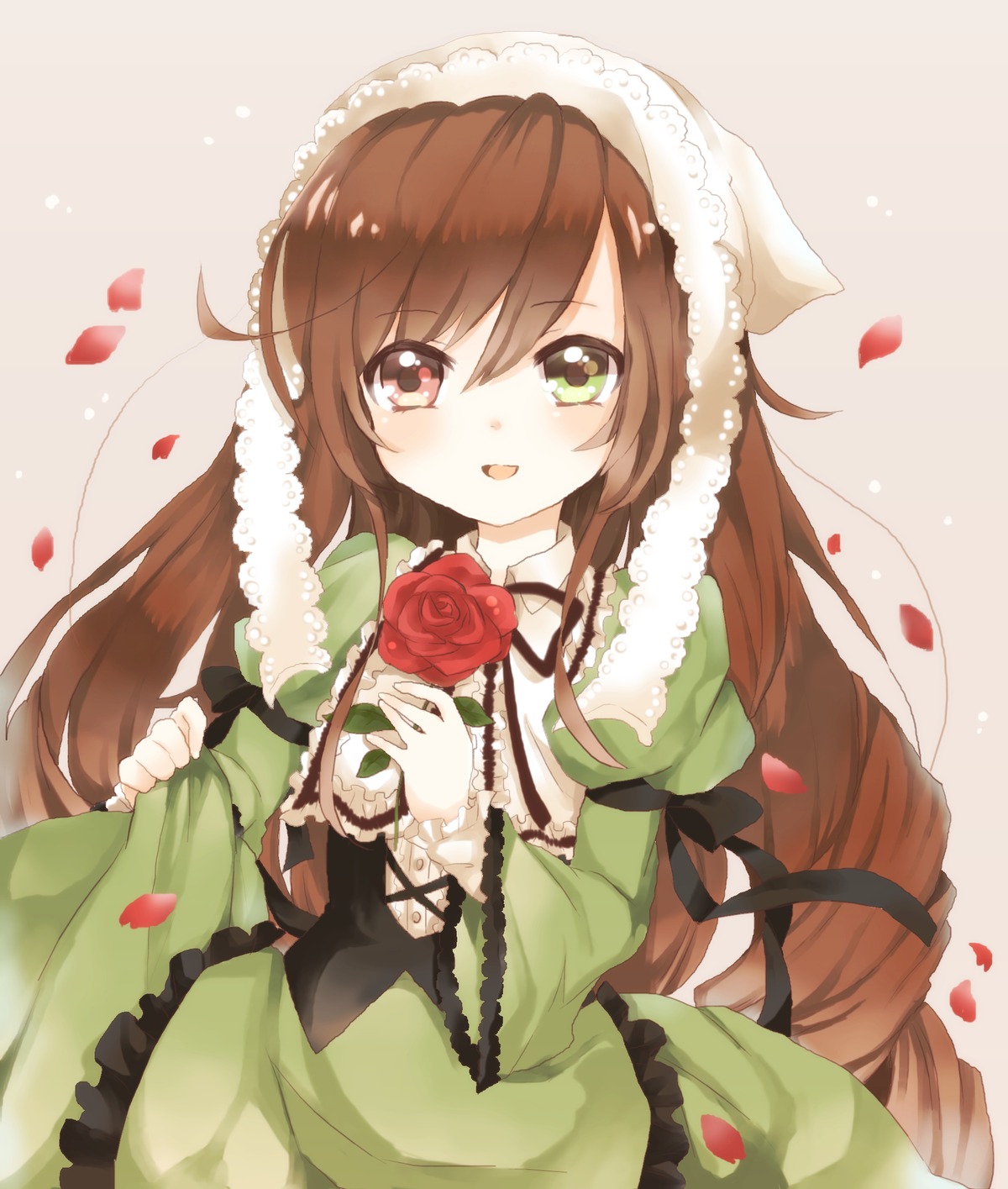 1girl arm_ribbon bonnet brown_hair commentary_request corset dress flower green_dress green_eyes heterochromia highres image juliet_sleeves long_hair long_sleeves looking_at_viewer mozunoj open_mouth petals puffy_sleeves red_flower red_rose ribbon rose rose_petals rozen_maiden smile solo suiseiseki very_long_hair