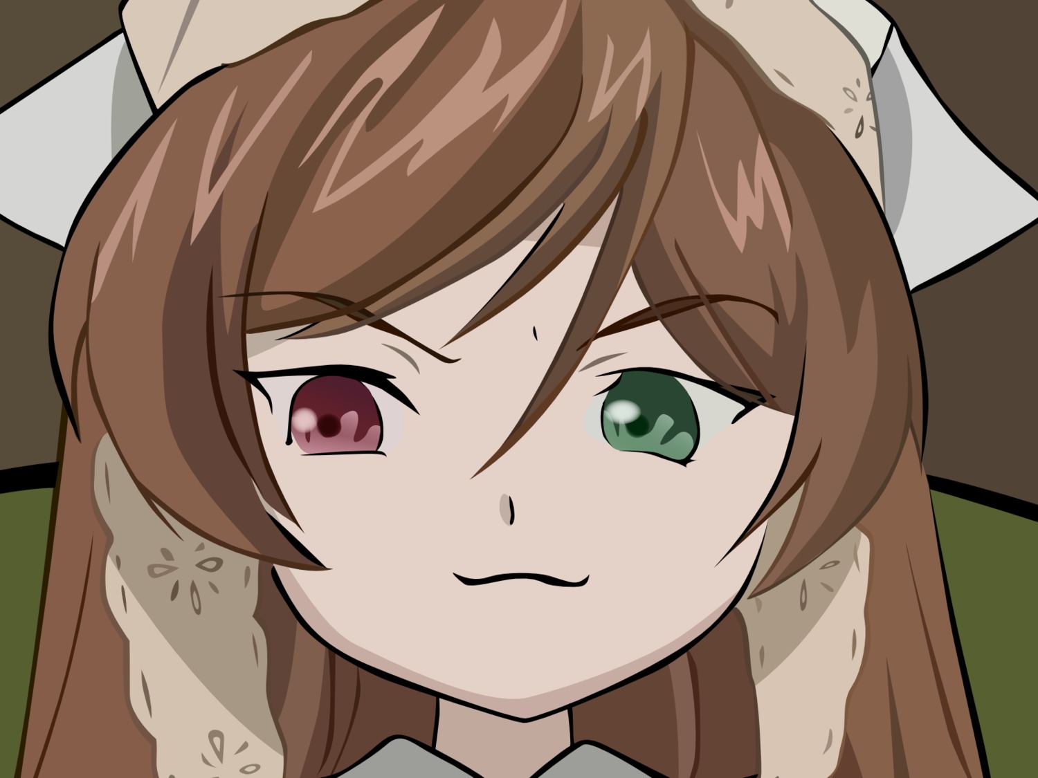 1girl :3 bangs brown_hair closed_mouth eyebrows_visible_through_hair green_eyes hair_between_eyes hat image long_hair looking_at_viewer portrait solo suiseiseki