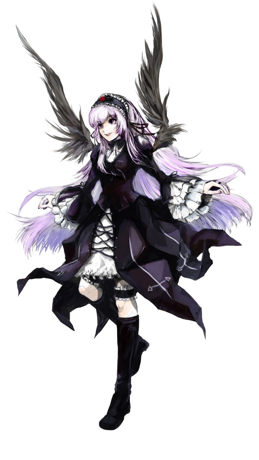 1girl black_footwear black_wings boots dress feathers frills full_body hairband image knee_boots long_hair long_sleeves looking_at_viewer purple_eyes ribbon simple_background solo suigintou very_long_hair white_background wings