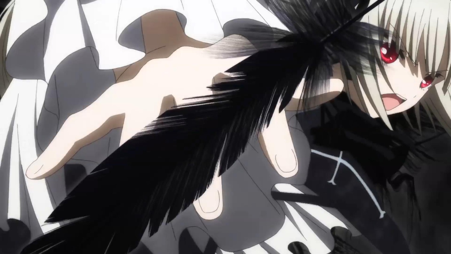 1girl auto_tagged bangs black_hair black_wings feathered_wings feathers image long_hair long_sleeves looking_at_viewer open_mouth red_eyes simple_background smile solo suigintou white_hair wings