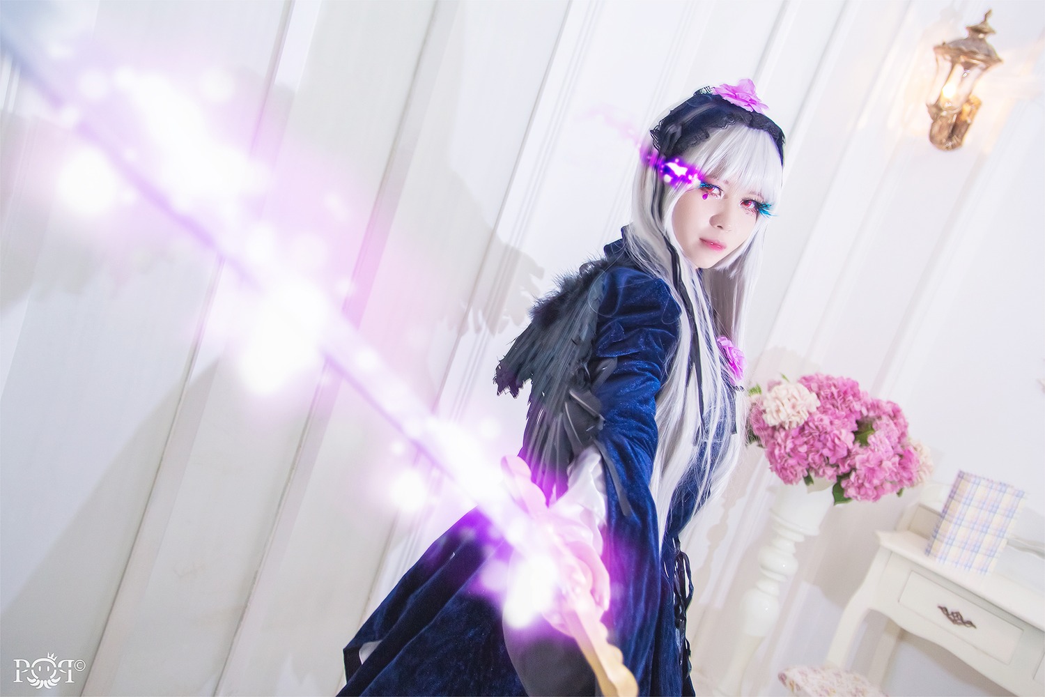 1girl bouquet dress flower hairband lips long_hair looking_at_viewer purple_eyes signature silver_hair solo suigintou