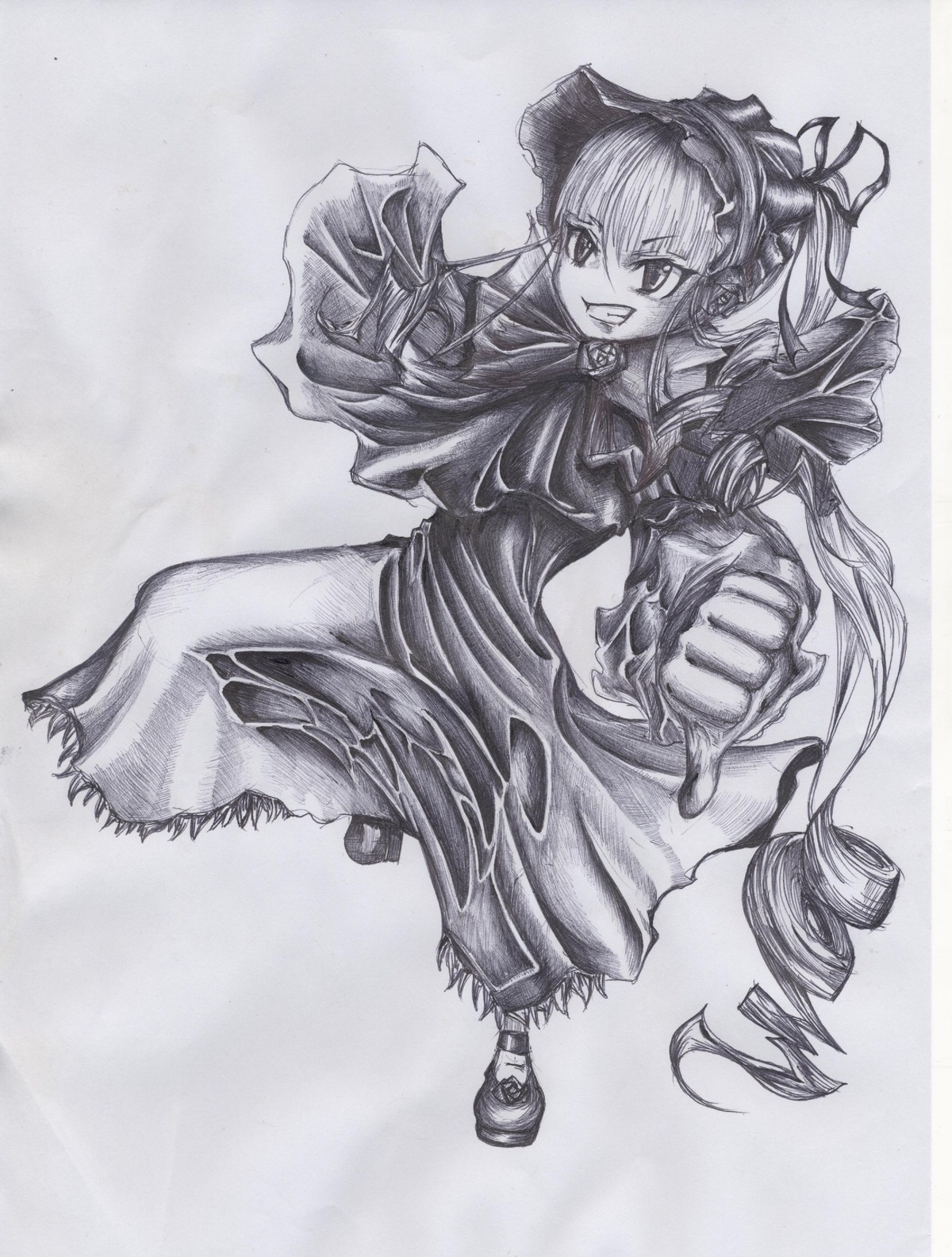 1girl bow dress drill_hair frills full_body grin image long_hair long_sleeves looking_at_viewer monochrome pointing shinku shoes smile solo traditional_media twintails