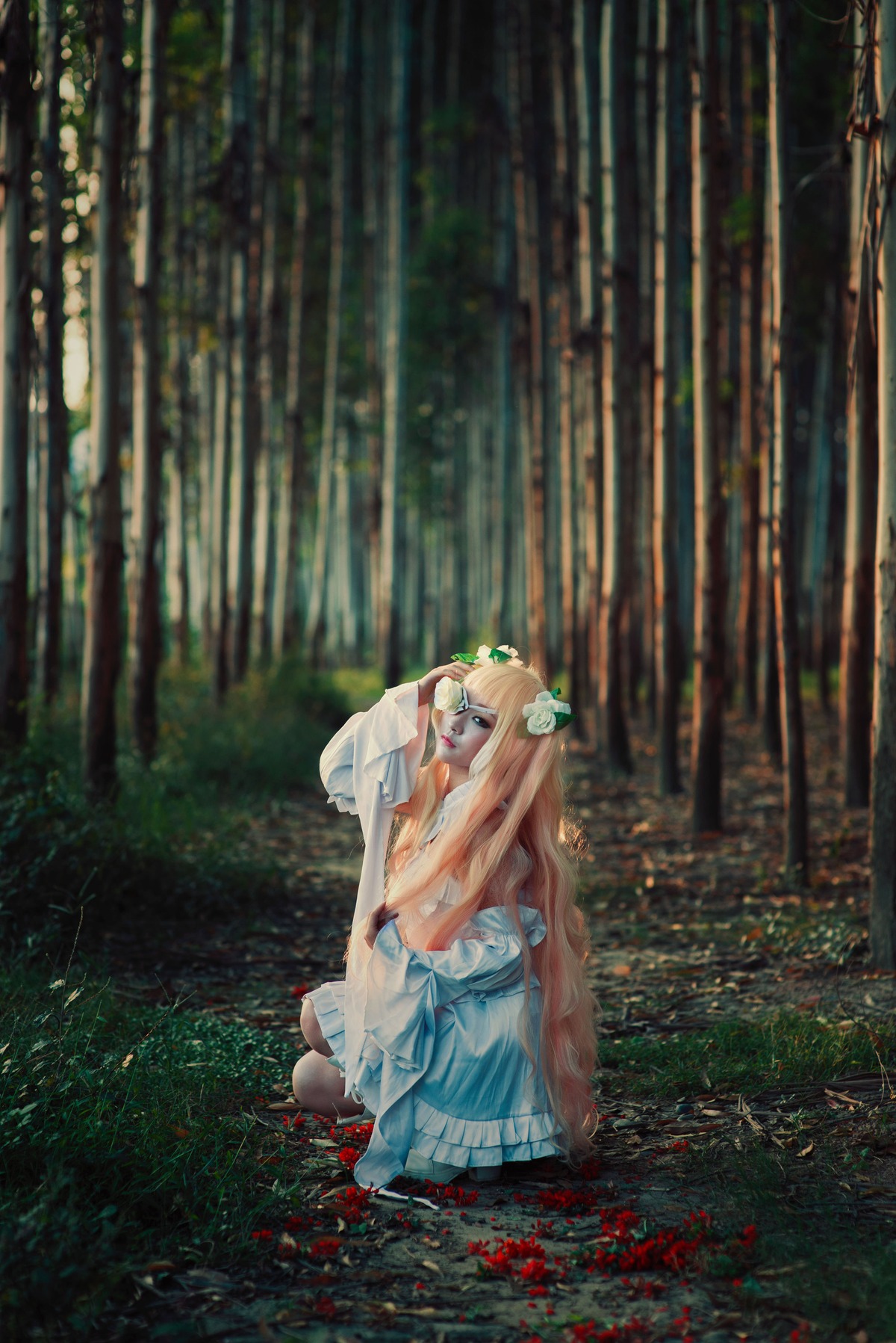 1girl blonde_hair blood dress flower forest hair_flower hair_ornament kneeling long_hair nature outdoors shinku solo very_long_hair white_dress