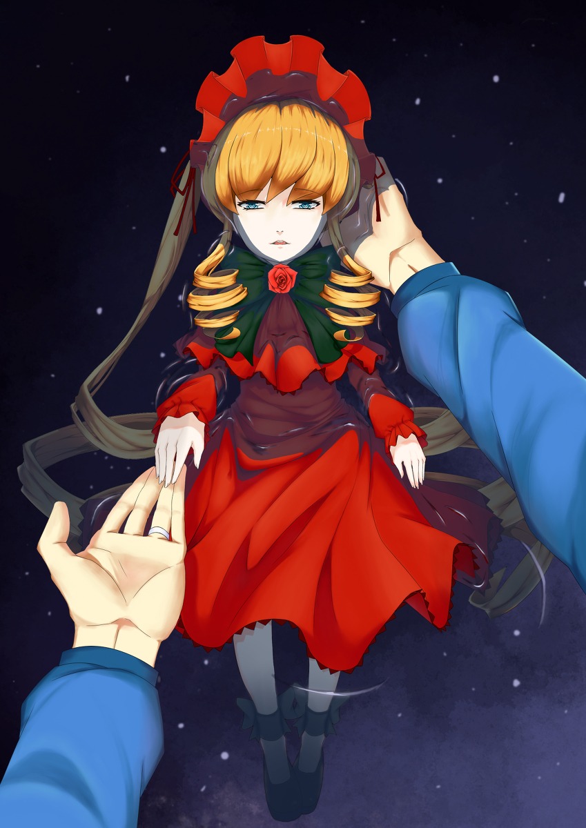 1girl blonde_hair blue_eyes bonnet doll_joints dress drill_hair flower hands image joints long_hair out_of_frame pov red_dress rose shinku solo solo_focus