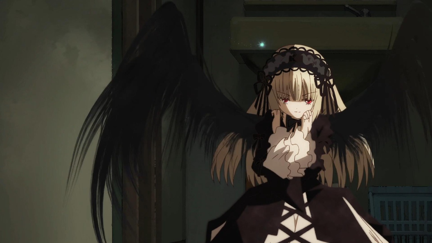 1girl black_dress black_ribbon black_wings dress feathered_wings hairband image lolita_hairband long_hair long_sleeves looking_at_viewer red_eyes ribbon solo suigintou wings