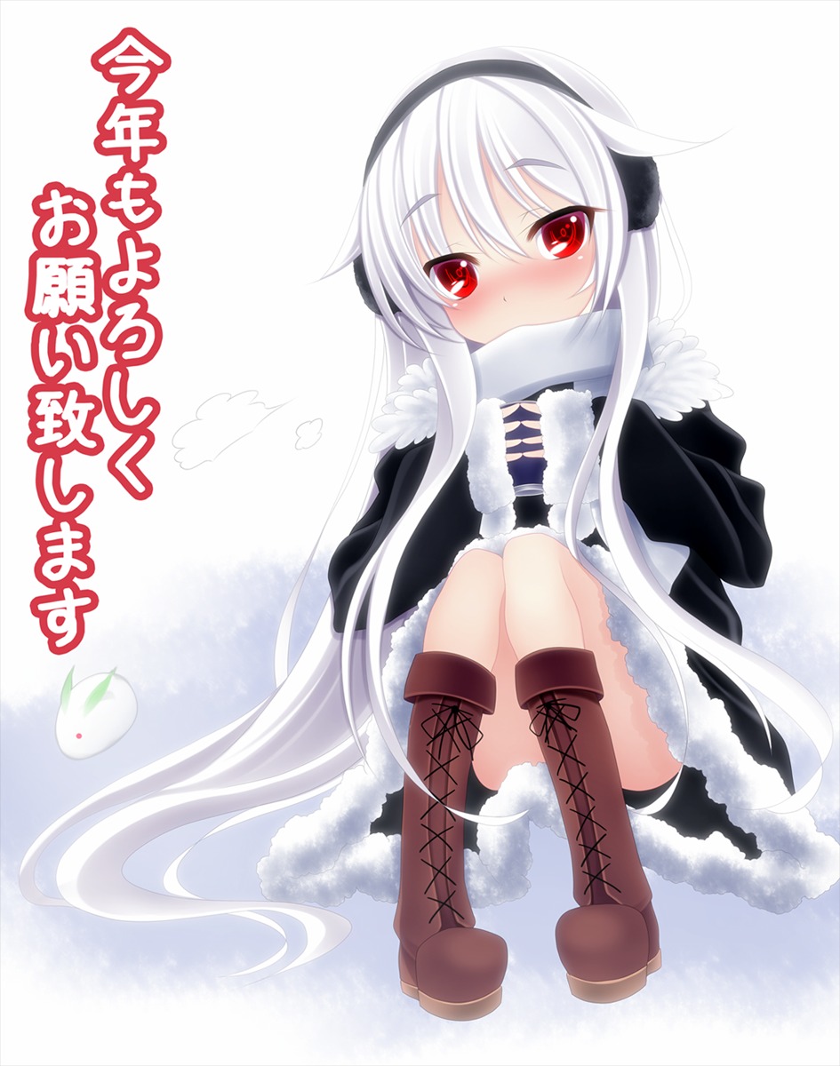 1girl blush boots cross-laced_footwear earmuffs image long_hair red_eyes solo squatting striped suigintou white_hair