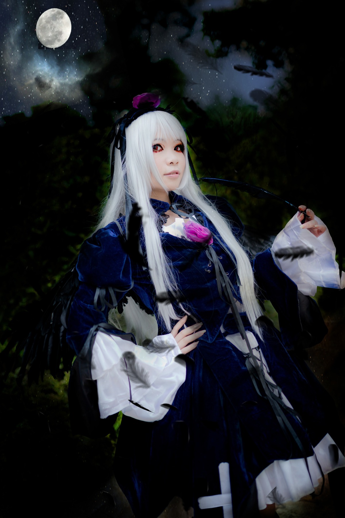 1girl dress full_moon gothic_lolita lips long_hair moon night red_eyes shijou_takane sitting sky solo suigintou