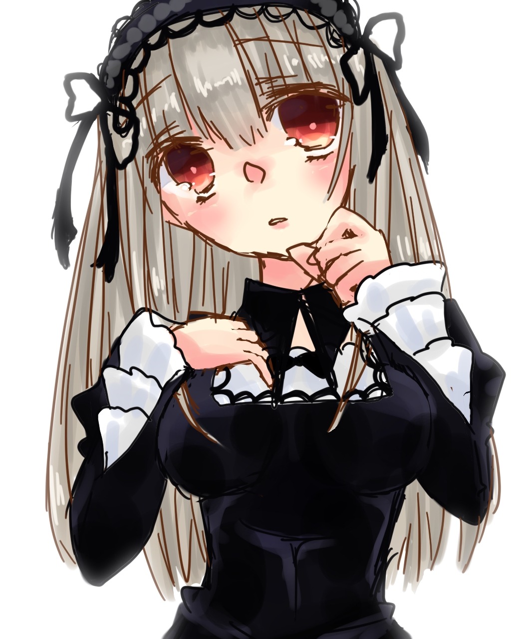1girl bangs black_dress black_ribbon blush breasts dress eyebrows_visible_through_hair hairband image long_hair long_sleeves looking_at_viewer parted_lips red_eyes ribbon silver_hair simple_background solo suigintou upper_body white_background