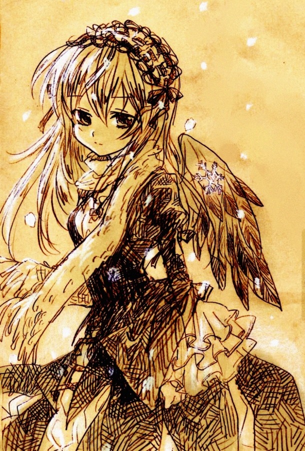 1girl auto_tagged closed_mouth dress feathered_wings frills hairband image lolita_fashion lolita_hairband long_hair long_sleeves looking_at_viewer monochrome rose solo suigintou traditional_media wings