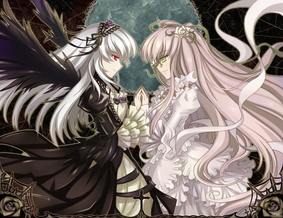 2girls black_wings commentary_request dress eye_contact flower frills green_eyes hairband holding_hands image kirakishou lolita_hairband long_hair long_sleeves looking_at_another mtyy multiple_girls pair photoshop_(medium) pink_hair profile puffy_sleeves red_eyes ribbon rose rozen_maiden silver_hair smile suigintou very_long_hair wings