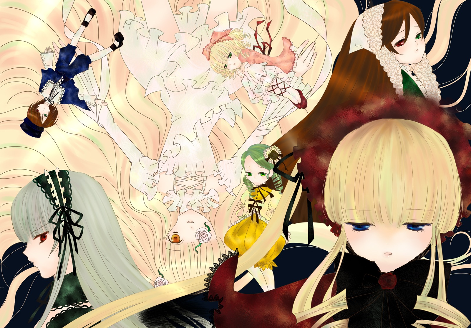 6+girls blonde_hair blue_eyes bonnet bow brown_hair dress drill_hair eyepatch flower frills green_hair hairband hat head_scarf heterochromia hina_ichigo image kanaria long_hair long_sleeves multiple multiple_girls pink_bow red_eyes rose shinku short_hair siblings silver_hair sisters souseiseki suigintou suiseiseki tagme top_hat twins twintails very_long_hair wings