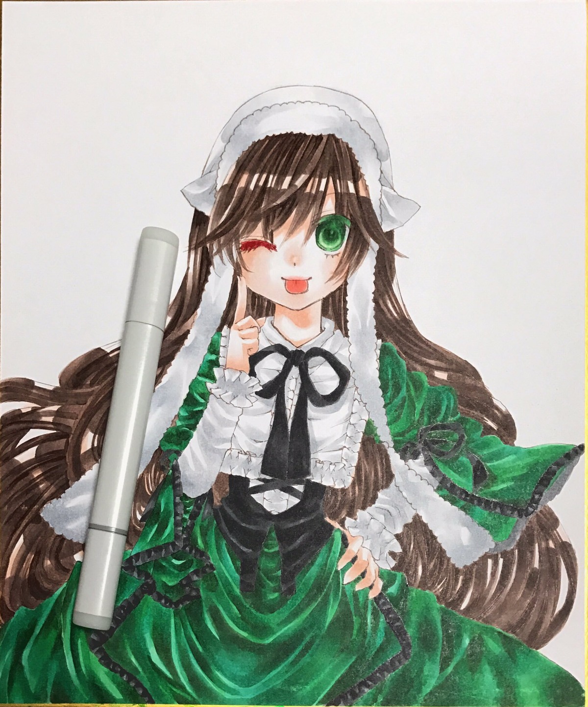 1girl brown_hair dress frills green_dress green_eyes head_scarf image long_hair long_sleeves looking_at_viewer marker_(medium) one_eye_closed ribbon solo striped suiseiseki tongue tongue_out traditional_media very_long_hair watercolor_(medium)