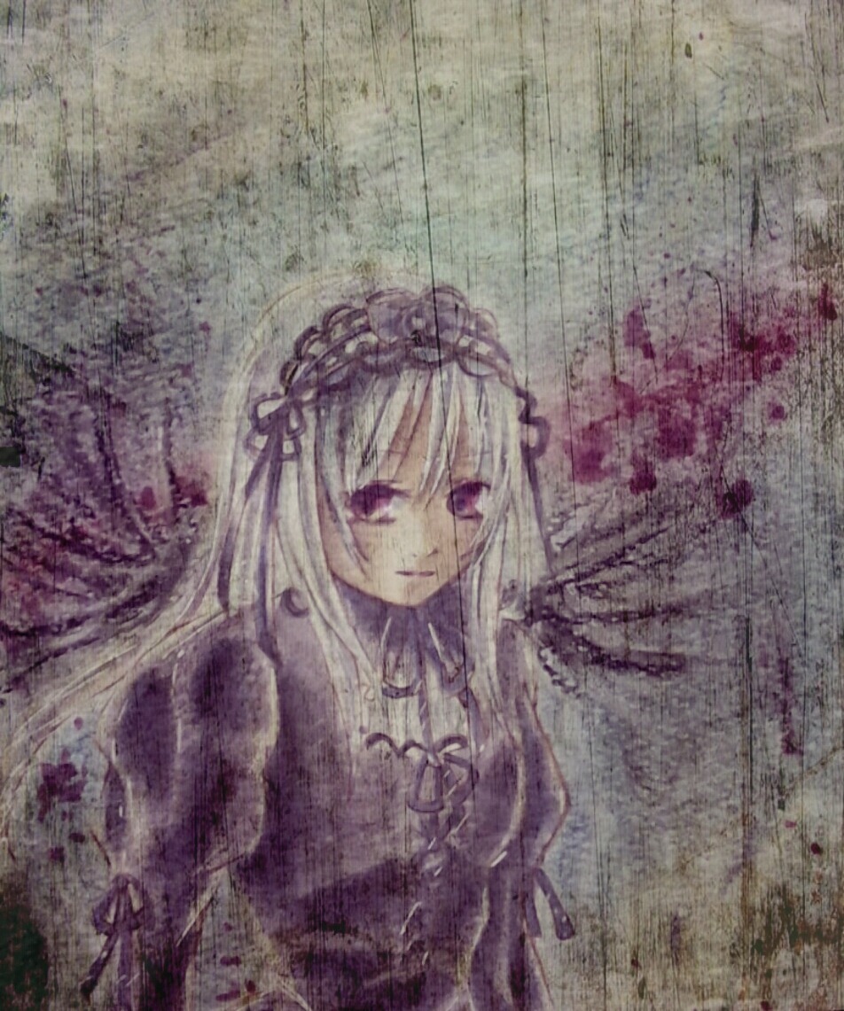 1girl bangs black_ribbon closed_mouth dress flower frills hairband image long_hair long_sleeves looking_at_viewer silver_hair smile solo suigintou very_long_hair