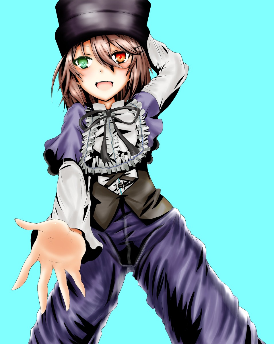 1girl :d brown_hair dress frills green_eyes hat heterochromia image long_sleeves looking_at_viewer open_mouth outstretched_arm outstretched_hand pants red_eyes simple_background smile solo souseiseki suiseiseki