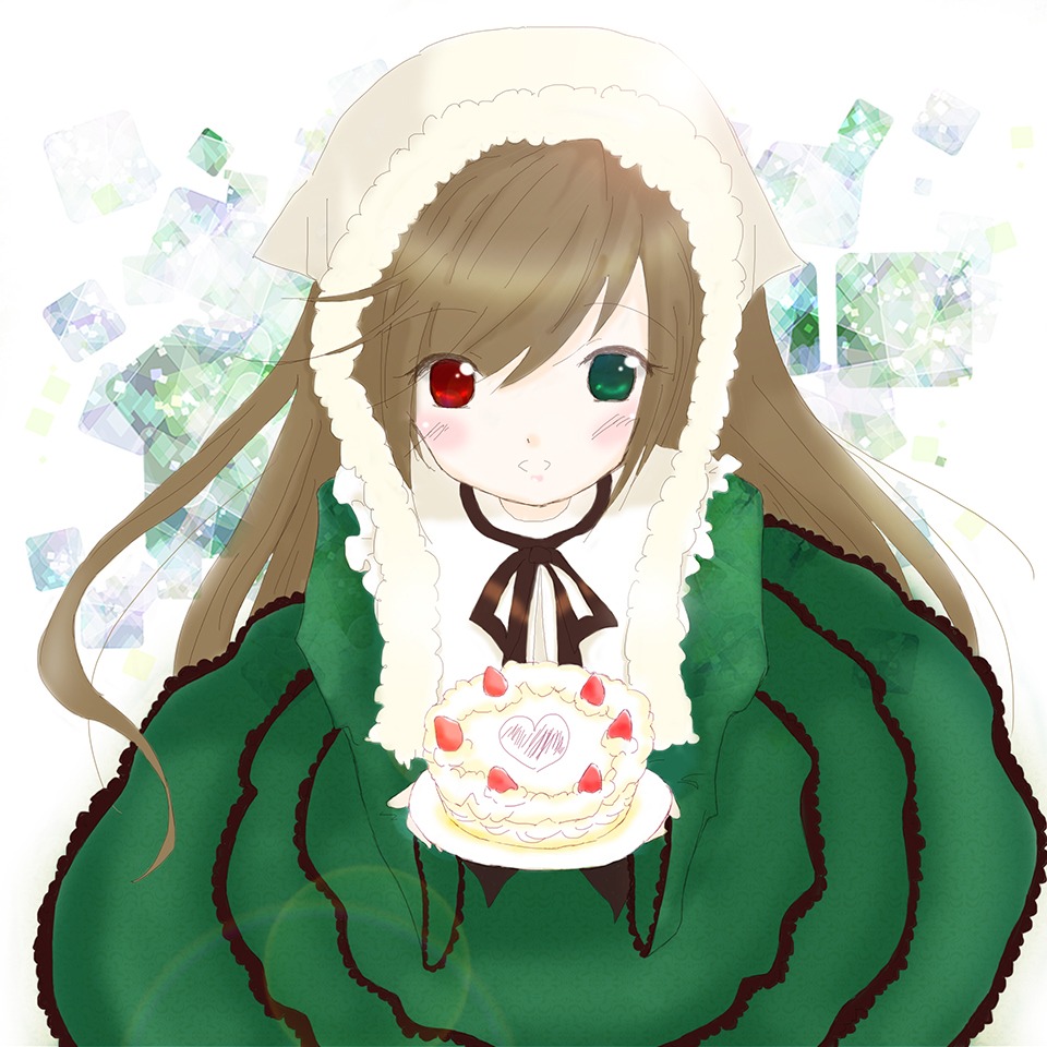 1girl bangs blush brown_hair cake dress food frills green_dress green_eyes hat head_scarf heterochromia image long_hair long_sleeves looking_at_viewer red_eyes solo suiseiseki very_long_hair